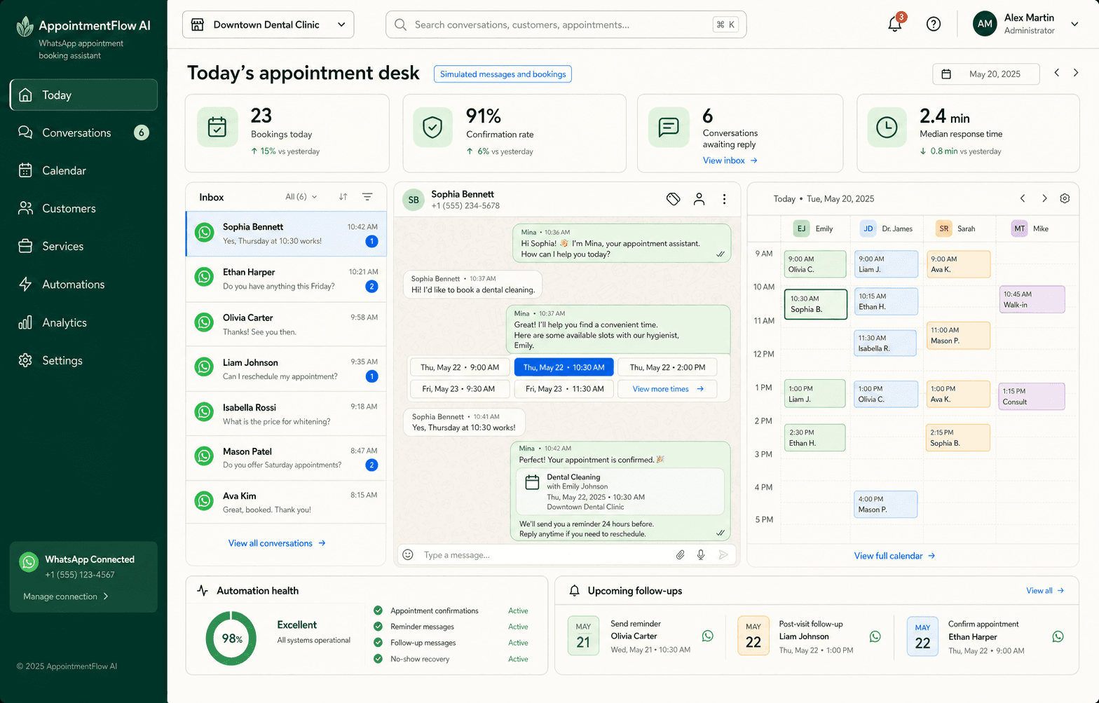 AppointmentFlow AI appointment desk with messaging inbox, booking conversation and staff calendar